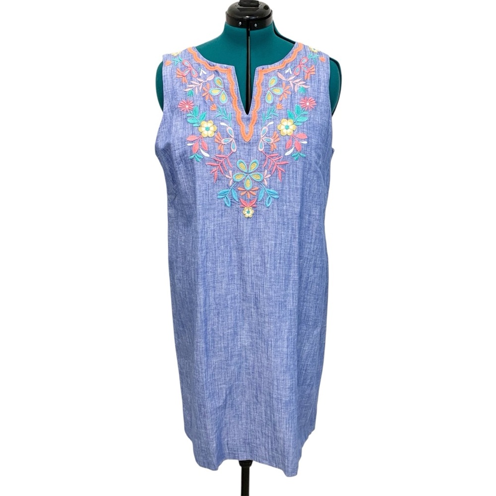 Talbots Dress Linen Blue Embroidered 16 - Picture 4 of 15